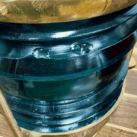 Brass Port and Starboard Navigation Lights (7) Chipped green Fresnel glass lens from authentic ship navigation light