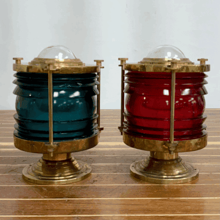 Brass Port and Starboard Navigation Lights (8) Side view of vintage maritime navigation light with red and green glass lenses