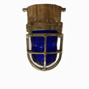 Brass nautical ceiling light with blue glass – front view on white