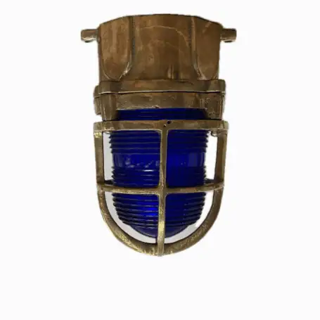 Brass nautical ceiling light with blue glass – front view on white