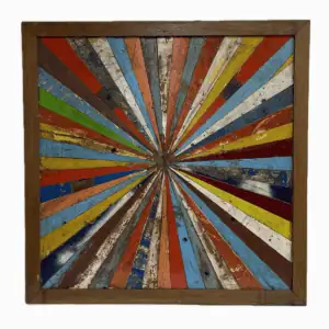 Colorful reclaimed boat wood wall art with starburst design and natural wear
