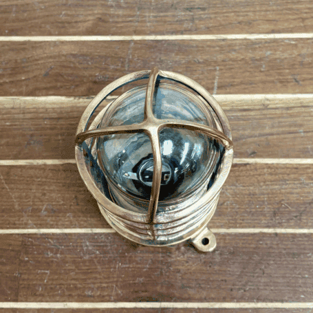 Pauluhn Brass Nautical Caged Ceiling Light (3) Top view of solid brass ceiling light with triple cage design