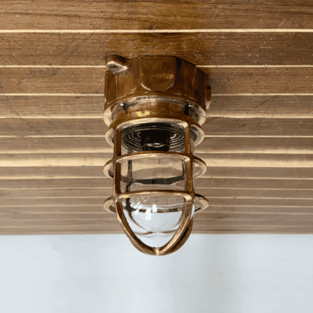 Short Cage Red Brass Ceiling Light (3) Side view of brass nautical ceiling fixture with junction box opening