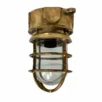 Short Cage Red Brass Ceiling Light - front view of fixture with cage and glass globe