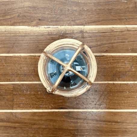 Short Cage Red Brass Ceiling Light (5) Top view of brass cage light showing cross guard design
