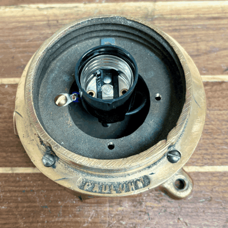 Short Cage Red Brass Ceiling Light (8) Interior socket and wiring of Pauluhn fixture