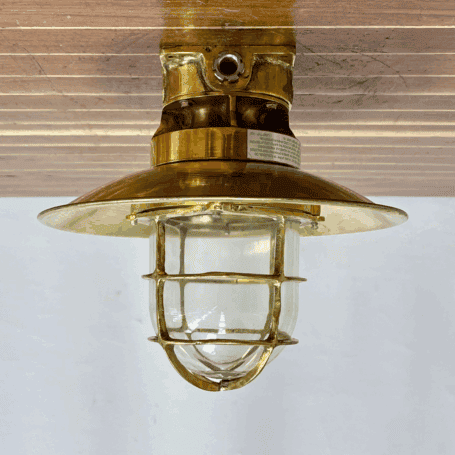Solid Brass Marine Ceiling Light (3) Side profile of Solid Brass Marine Ceiling Light showing protective brass cage.