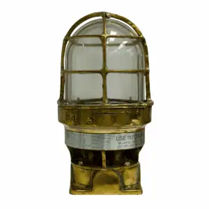 Side profile of Solid Brass Marine Post Light with clear glass globe and protective brass cage.