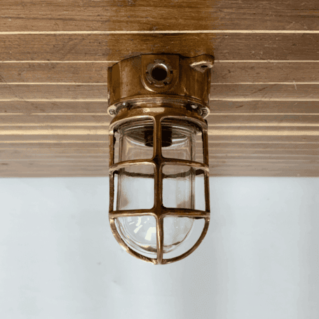 Tall Cage Red Brass Ceiling Light (6) Side view of tall cage brass ceiling fixture with junction box opening