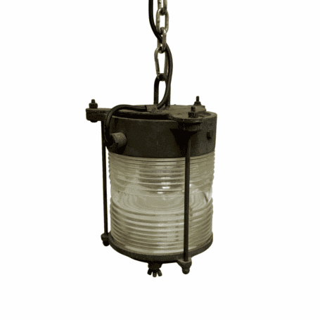 Frank Morrison Brass and Steel Ship Lantern Side view of Frank Morrison Brass and Steel Ship Lantern suspended by chain