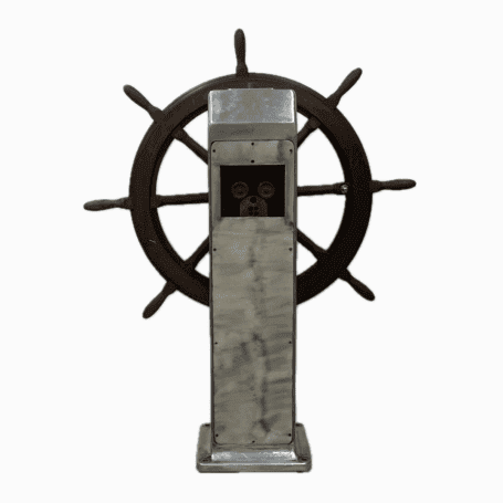 Marine Steering Wheel Display with Brass Center - STORK-JAFFA Electric Helm Back view of marine steering wheel display showing internal mechanism opening