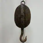 Salvaged wood ship pulley from Great Lakes – opposite side with iron strap