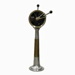 Full view of salvaged engine order telegraph mounted on aluminum pedestal