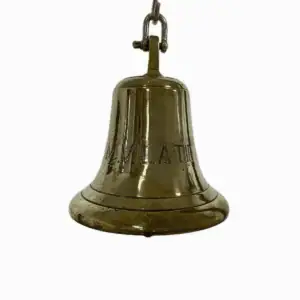 Front view of nautical brass bell engraved with M.V. Latifa