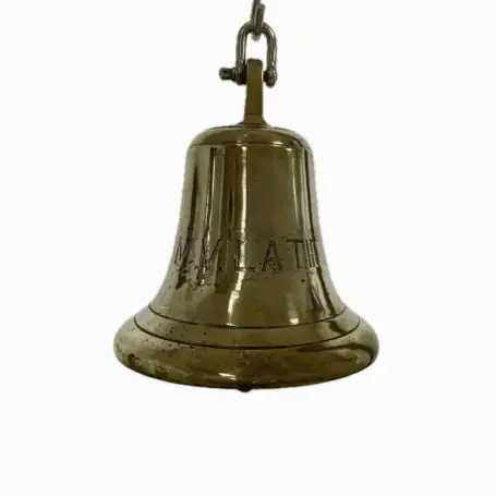 Front view of nautical brass bell engraved with M.V. Latifa