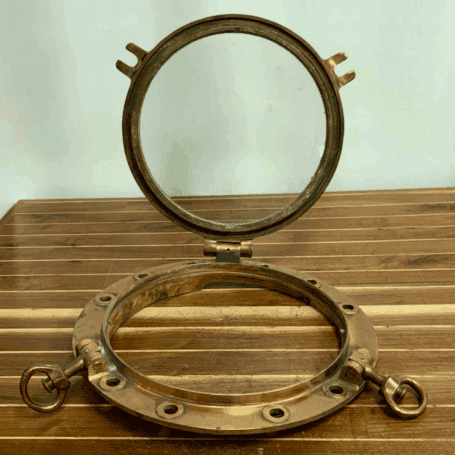 Large Vintage Red Brass Porthole with Asymmetrical Inset (7) Large Vintage Red Brass Porthole with Asymmetrical Inset – Hinged Window Open