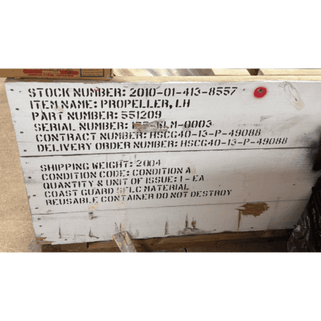 5-Foot-USCG-Bronze-Propeller-by-Rolls-Royce-for-175-Foot-Ship crate marking detail Coast Guard material shipping weight 2004 lbs
