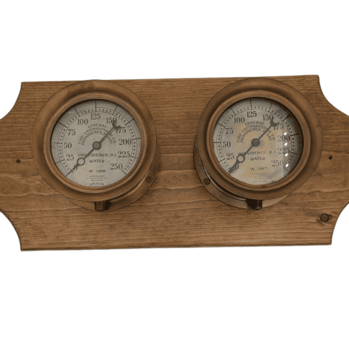 Antique Brass Water Pressure Gauges for General Fire Extinguisher Company SET OF TWO on Wood 01 Antique Brass Water Pressure Gauges for General Fire Extinguisher Company SET OF TWO on Wood 01