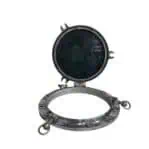 Ship porthole mirror open showing hinge and interior frame with original glass cover
