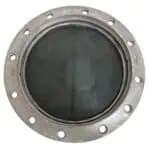 Back side of authentic aluminum ship porthole showing glass insert and mounting holes