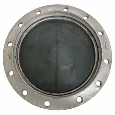 Authentic Aluminum Ship Porthole Mirror - 21.75 3-Dog Design 02 Back side of authentic aluminum ship porthole showing glass insert and mounting holes