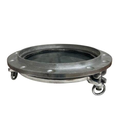 Authentic Aluminum Ship Porthole Mirror - 21.75 3-Dog Design 03 Side profile of salvaged aluminum ship porthole showing recessed glass and frame depth