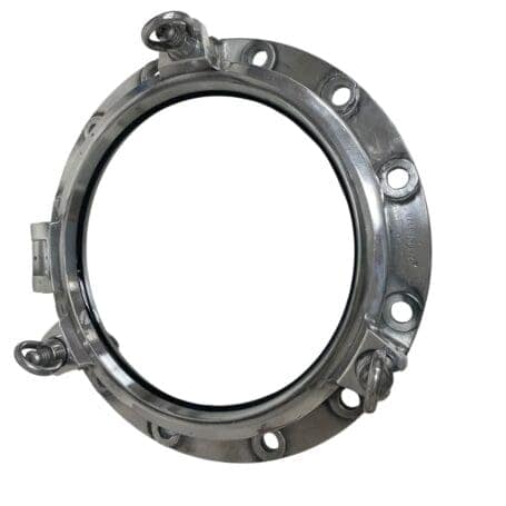 Authentic Aluminum Ship Porthole Mirror - 21.75 3-Dog Design 04 Front view of aluminum ship porthole mirror with three dog locking system