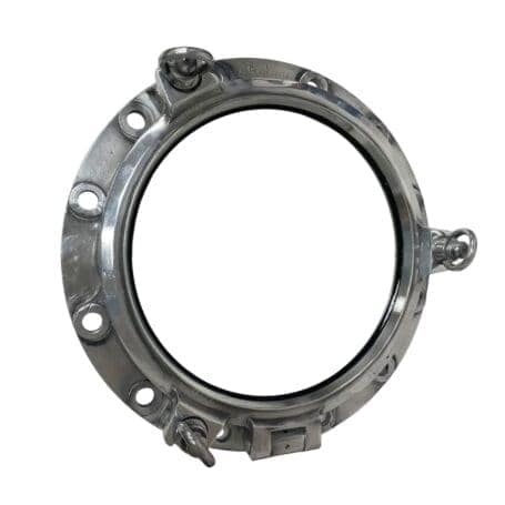 Authentic Aluminum Ship Porthole Mirror - 21.75 3-Dog Design 05 Aluminum ship porthole mirror front view showing circular frame and mounting holes