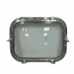 Horizontal view of four dog aluminum porthole with visible wear