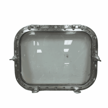 Salvaged Four Dog Aluminum Porthole - Wall Mount Horizontal view of four dog aluminum porthole with visible wear