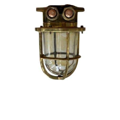 Brass Ceiling Light - Cage Fixture with Stained Glass Globe 04 brass ceiling light mounted fixture with cage and clear stained glass