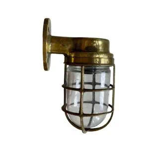 brass nautical wall light with cage and glass globe side profile