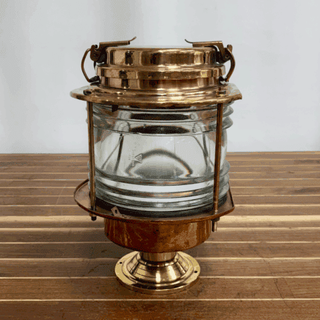 Brass Pier Light, Heavy-Duty 360° Clear Lens (5) Ship-salvaged heavy-duty brass pier light with clear Fresnel glass lens for outdoor dock and marina use.