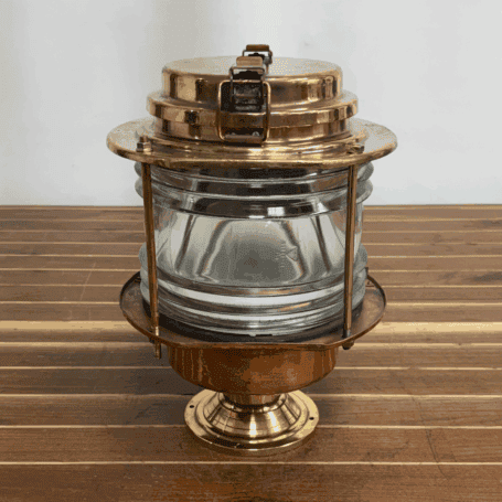 Brass Pier Light, Heavy-Duty 360° Clear Lens (6) Back view of ship-salvaged brass pier light, highlighting the durable design and clear Fresnel lens