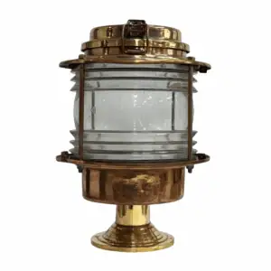 Brass pier light, ship-salvaged and weatherproof, ideal for docks and marinas, shown against a white background