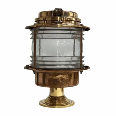 Brass pier light, ship-salvaged and weatherproof, ideal for docks and marinas, shown against a white background