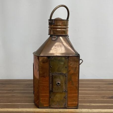 Vintage Copper Ship Lantern - Starboard Fresnel Light with Original Oil Chamber Back panel of vintage copper ship lantern with riveted brass patch