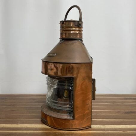 Vintage Copper Ship Lantern - Starboard Fresnel Light with Original Oil Chamber Backside detail of copper ship lantern showing mixed metal construction and wear marks