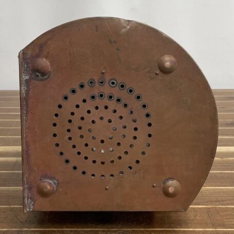 Vintage Copper Ship Lantern - Starboard Fresnel Light with Original Oil Chamber Bottom view of vintage copper ship lantern showing vent holes and wear