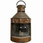 Vintage copper ship lantern showing full front view with hanging handle and clear lens
