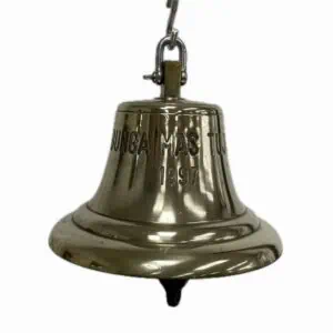 Brass ship bell engraved with Bunga Mas Tujuh 1997, hanging view