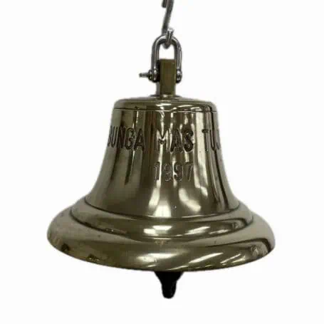 Brass ship bell engraved with Bunga Mas Tujuh 1997, hanging view