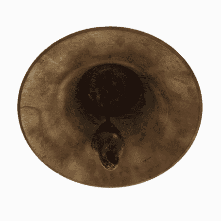 Brass Ship Bell - Bunga Mas Tujuh (1997) Bottom view of brass ship bell showing clapper and natural patina