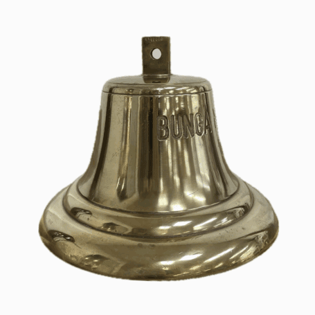 Brass Ship Bell - Bunga Mas Tujuh (1997) Side detail showing engraved text on salvaged maritime bell