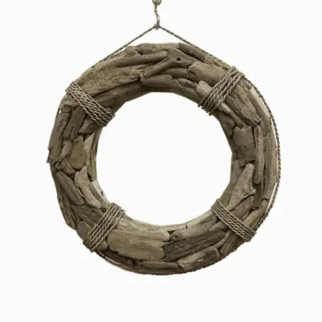 Hanging driftwood wreath made with real rope and salvaged wood