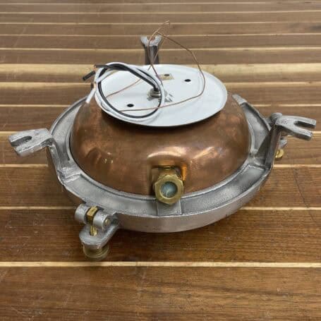Vintage Aluminum Bulkhead Light with Copper Base and Brass Hardware Back side of vintage aluminum bulkhead light showing wiring and copper housing