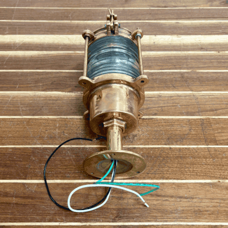 Kahlenberg Brass Fresnel Lens Post Light (7) Base of Kahlenberg Brass Fresnel Lens Post Light with wiring exiting
