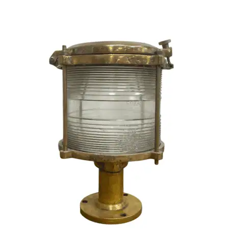 Front view of rewired brass navigation light with clear ribbed lens