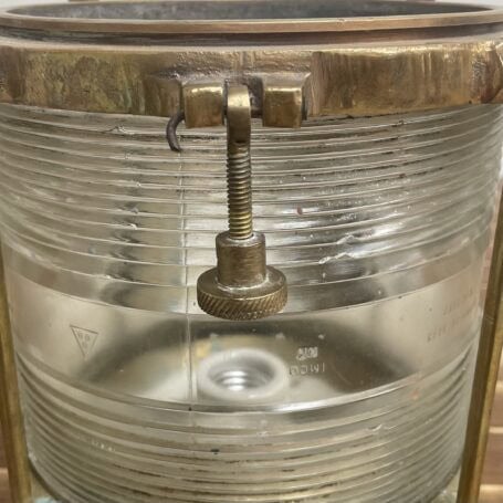 Salvaged Brass Navigation Light - NEON-VRSAR, Rewired 07 Detail of threaded knob on vintage brass navigation light lid