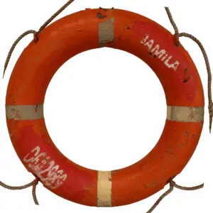 Front view of Salvaged Jamila Ship Life Ring with white lettering Jamila and call sign D6A298